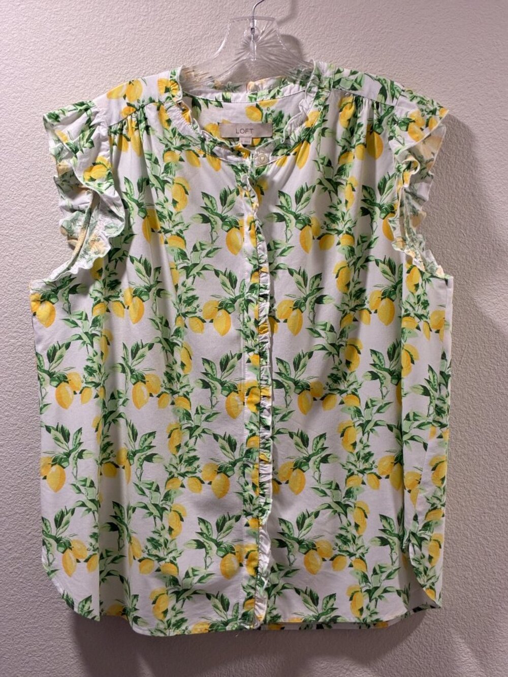 LOFT Flutter Sleeve Button Up Blouse/Tunic Lemon Print White/Yellow/Green XL